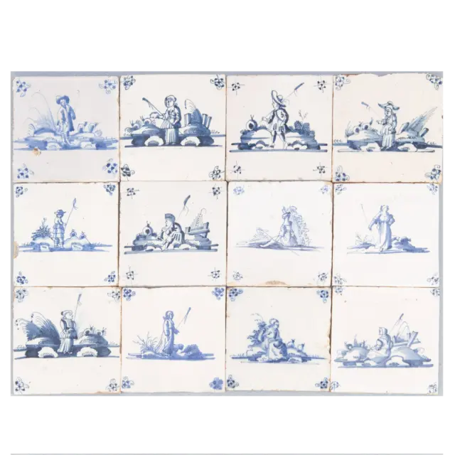 Nice field of 12 Dutch Delft Blue tiles, shepherds, circa 1800.