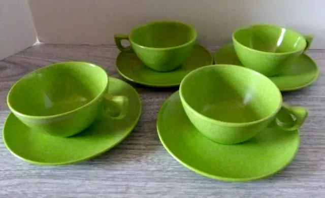 Vintage MCM Color-Flyte Melmac Branchell lime green 4 cups and saucers VG cond!