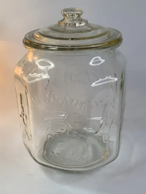 Planters Mr Peanut Adv Octagon Embossed Glass Jar 'Red Pennant Bags 5 cents' K1
