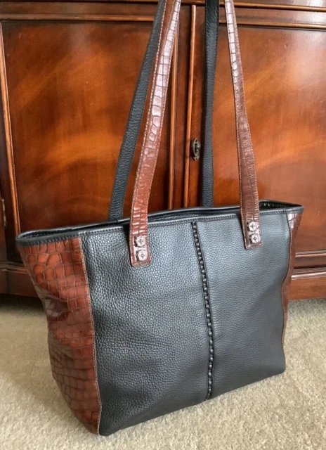 Brighton Brown Croc and Black Pebble Leather Tote Shoulder Hand Bag Travel Purse