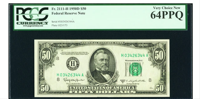 A ST LOUIS Fr. 2111-H $50 1950D Federal Reserve Note. PCGS Very Choice New 64PPQ
