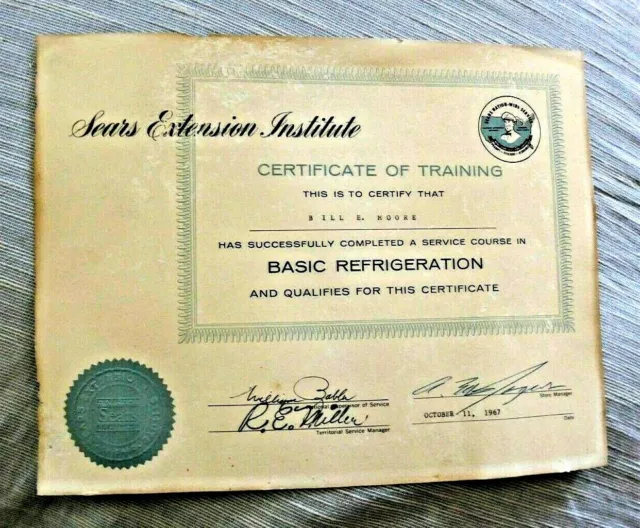 Vintage Certificate Sears Memorabilia Certificate Of Training Refrigeration 1967