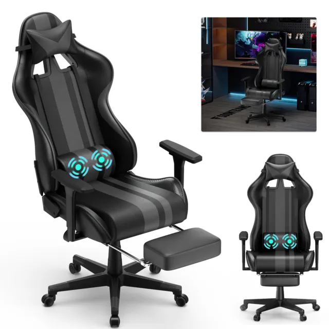 Massage Bürostuhl Gaming Stuhl Schreibtischstuhl Drehstuhl mit Fußstütze Schwarz