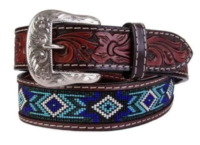 Western Rodeo Brown Tooled Leather Multi Color Beaded Belt Floral Billet Size 38