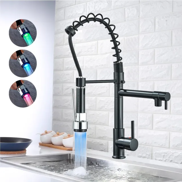 LED Kitchen Sink Mixer Tap Pull Out Sprayer 360° Spring Single Handle Faucet UK
