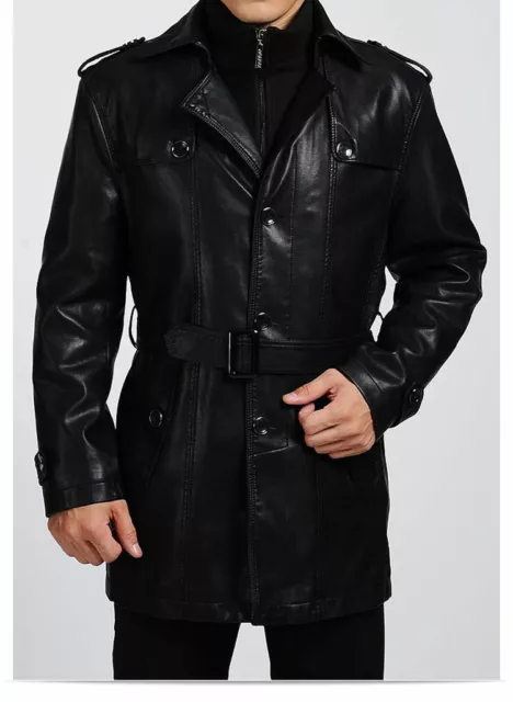 De Luxe Neuf Homme Noir Cuir Véritable Agneau Trench Pardessus 3/4 Manteau