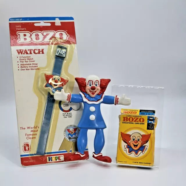 Vintage Bozo The Clown Larry Harmon Lot - Card Game, Bendable Toy & Watch