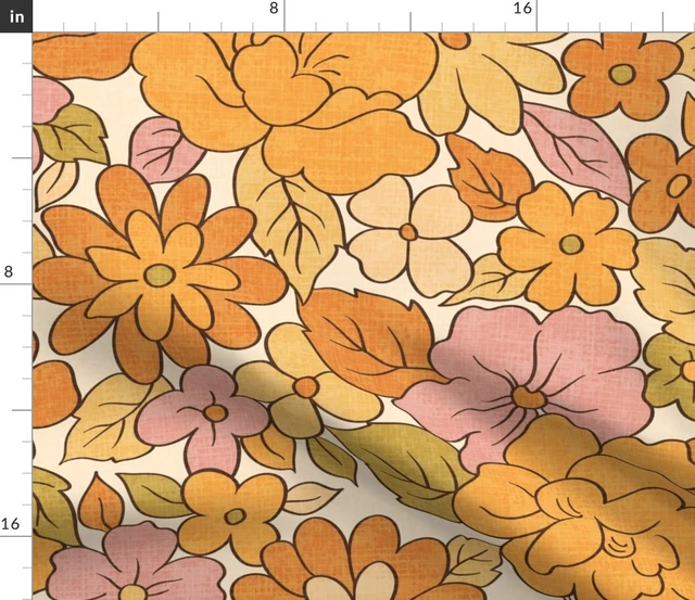 Retro Floral Vintage Yellow Orange 70S Olive Spoonflower Fabric by the Yard