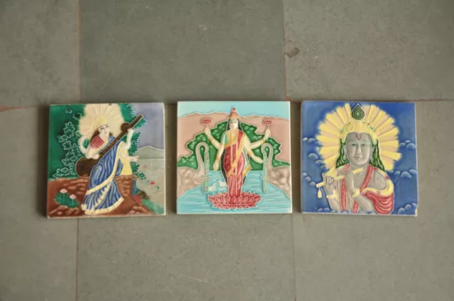 3 Pc Vintage Goddess Laxmi,Saraswati & Krishna Picture Embossed Tiles, Japan