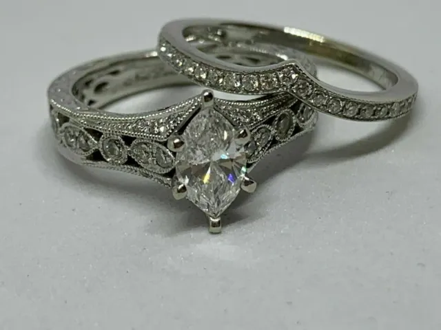 Marquise Cut Lab Created Diamond Wedding Bridal 14Ct White Gold Filled Ring Set