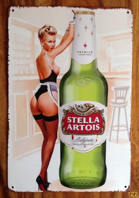 STELLA ARTOIS Bierlager Pin Up Sexy Vintage Bar Pub Schuppen MANN CAVE Metall SCHILD