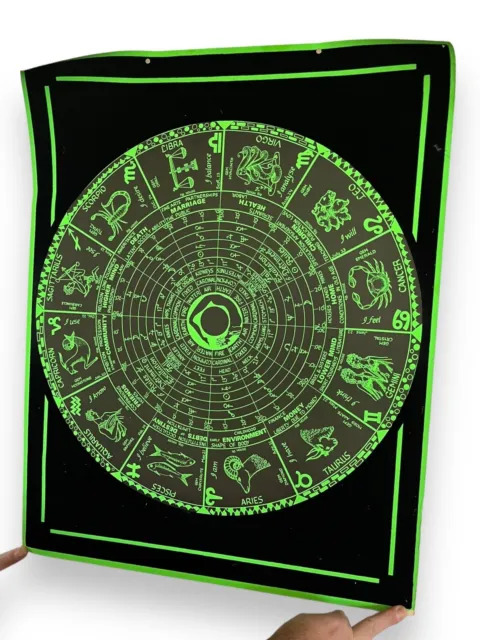 Vintage Rare Blacklight Velvet Poster Neon Green Astrology Metaphysical Flocked