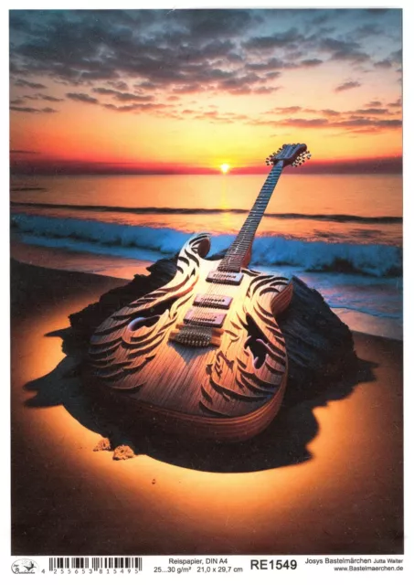 Papel de arroz A4 seda de paja mar lago guitarra música puesta de sol playa RE1549
