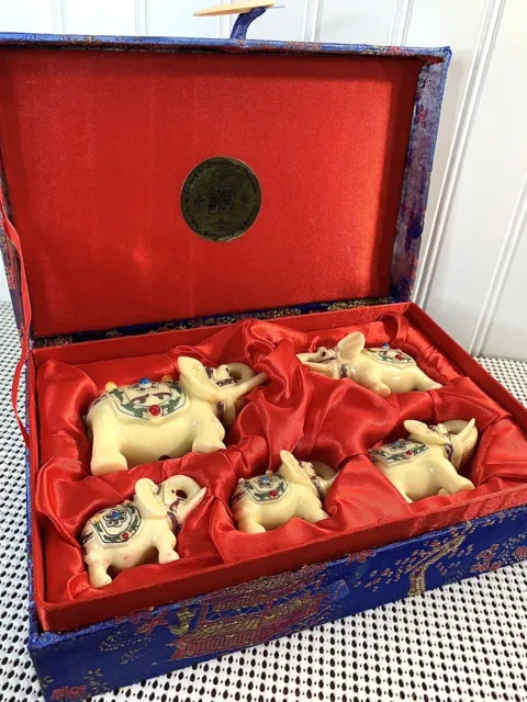 Hand Carved Vintage Elephants  Set Of 5, Silk Wrapped Box  Marble
