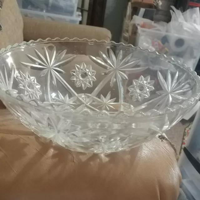 Vintage Clear Pressed Cut Glass Serving Dish Bowl 11”x3.5” American Ruffled