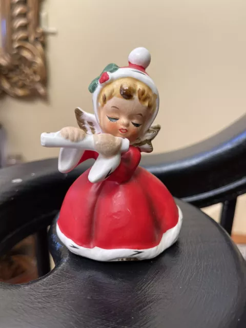 Vnt Napco Blond Christmas Angel Playing Flute Red Dress Figurine X-7258 1950s