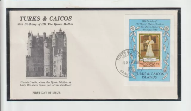 TURKS & CAICOS IS 1980 80th BIRTHDAY OF THE QUEEN MOTHER FDC, SG MS608, SC 441