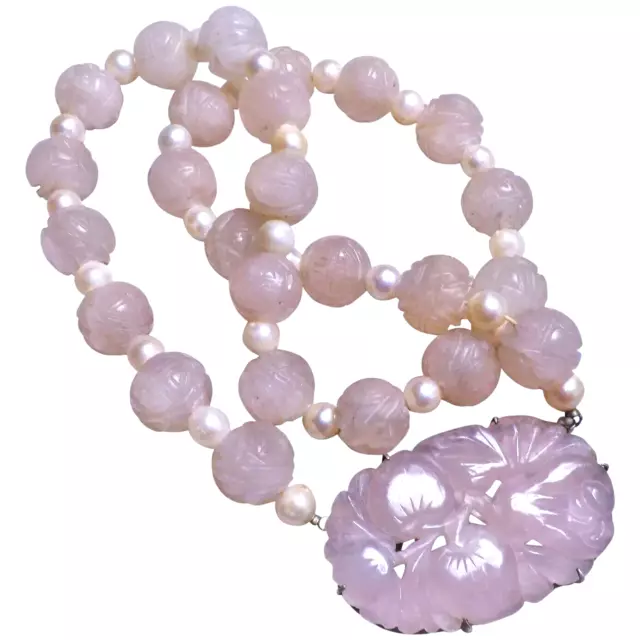 Chinese Art Deco Style Shou Carved Rose Quartz Pearls Sterling Pendant Necklace