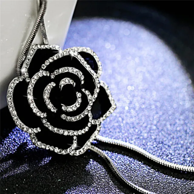Black Rose Flower Long Pendant Necklace Sweater Chain Crystal Women Jewelry G-tz 3