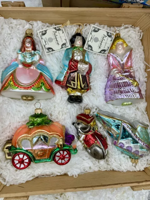 Vintage Kurt Adler Polonaise Cinderella Blown Glass Ornaments 6 Pc Boxed Set LNC