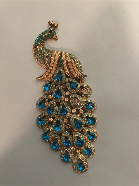 Peacock Brooch Blue Green Rhinestones Missing Stones For Parts Pin Broken Parts