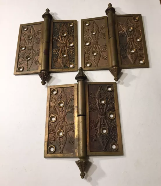 Set Of 3 Antique Victorian Eastlake Ornate Brass Bronze Door Hinges Hardware