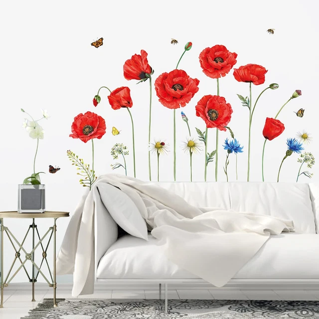 Stickers Muraux Decalmile Coquelicots Rouges - 2 Feuilles 30x90cm | Décoration Fleurie Salon Ou Chambre
