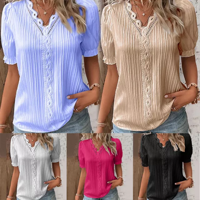 Tops Base Loose Short Pullover Summer Sleeve V Womens Neck Ladies Shirt # 3