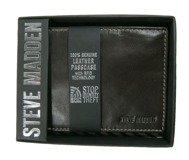 STEVE MADDEN Men's Genuine Leather Bifold Wallet Brown Passcase RFID $40