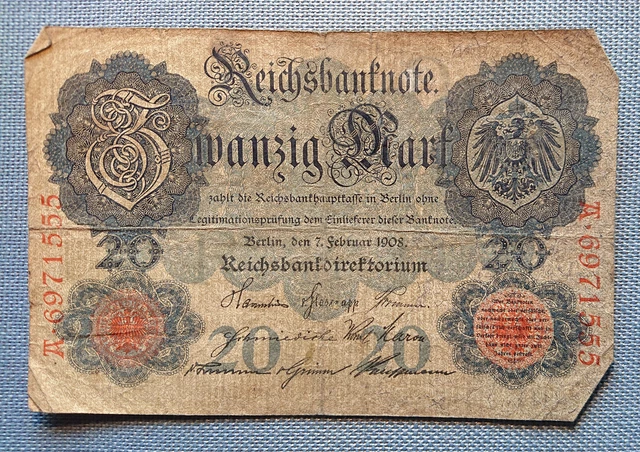 Old German Banknote Twenty Mark Berlin 7. February 1908 Reichsbankdirektorium