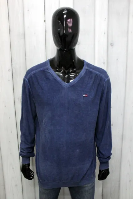 NAPAPIJRI Uomo Taglia 2XL Maglione Cotone Blu Sweater Pullover Pull Logo Italy
