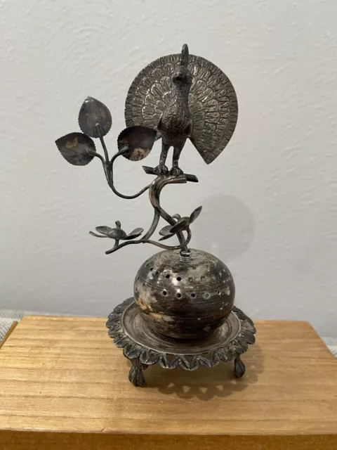Antique Colonial Brazil Silver Incense Burner Censer w/ Peacock & Flowers
