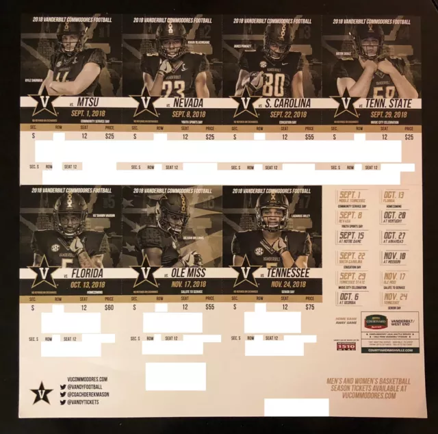 2018 Vanderbilt Commodores Football Collectible Ticket Stub - Any Home Game