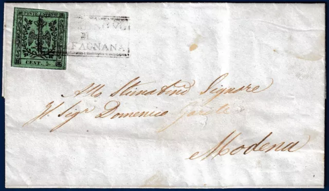 Modena 1853 – Lettera da Castelnuovo di Garf. resa franca con cent. 5 verde n.7