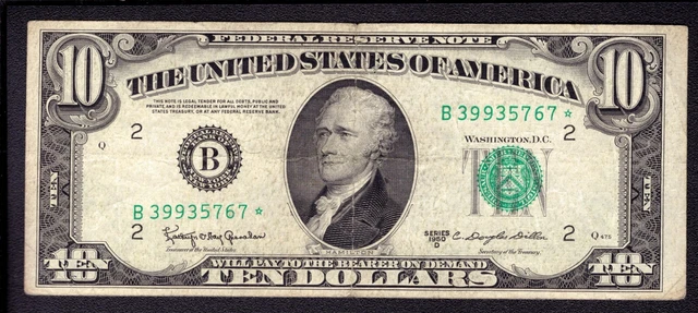 1950 D $10 Federal Reserve Star Note New York Fr.2014-B* Circulated Very Fine
