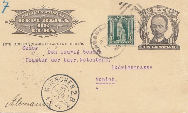 1905: Post Porto Card Havana To Munich, Bavarian Notenbank