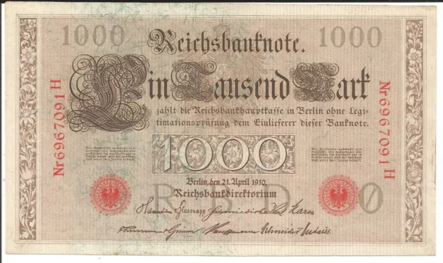 Reichsbanknote,1000 Mark 1910,rotes Siegel,fast Kassenfrisch,großes Format