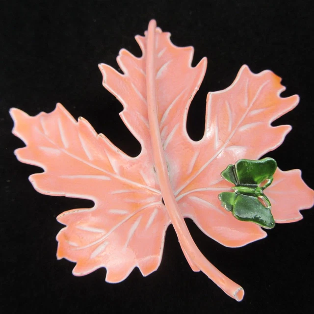 Vintage Pink Maple Leaf w/ Green Butterfly Brooch Pin