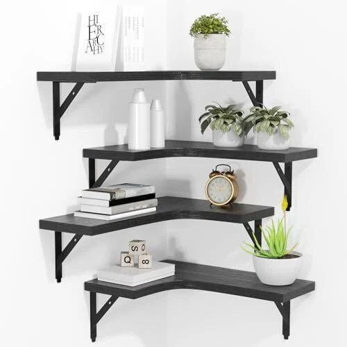 Corner Floating Shelves Wall Mounted Set of 4, Rustic Wood Storage Black