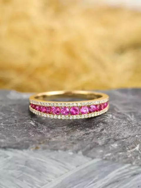 2Ct Round Cut Lab Created Red Ruby Pretty  Band Ring 14k Yellow Gold Plated 2