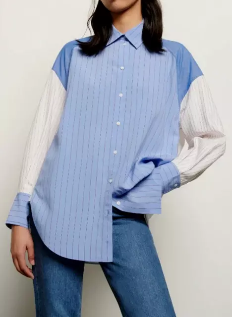 New Sandro Paris Striped Patchwork Oversized Long Sleeve Shirt Blouse Top Sz M-L