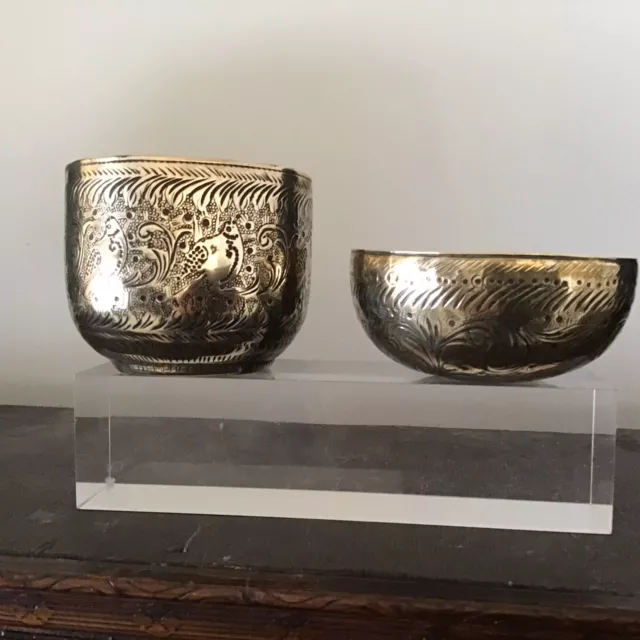 Two Beautiful Old Hand Decorated Indian Brass Bowls / Cups !