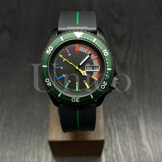 Custom Made Mods Watch SKX Style NH36 Auto Movement GN/SL C Rainbow Hours BLK/GN