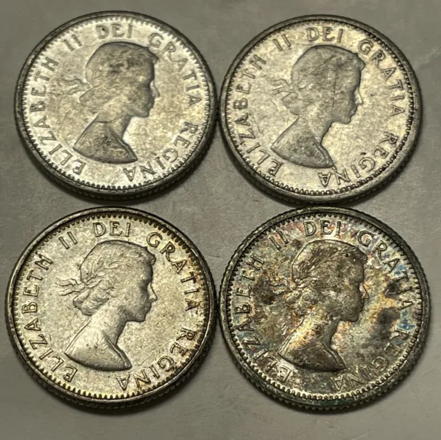 1963 -10 Cents - Lot Of 4 - Canada - 41.9 Million Mintage -80% Silver - Bluenose