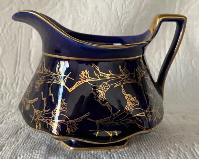 Royal Mararine Limoge Creamer DEEP Blue with Floral Pattern in Gold. Excellent!