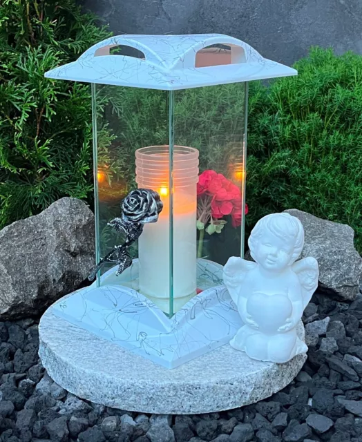 Grablampe mit Granitsockel  Herz Engel u Kerze ❤ Set Grablaterne Rose Grablicht 3