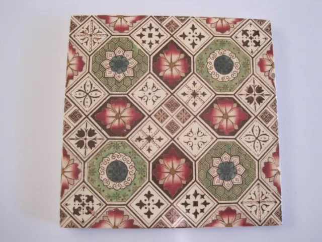 ANTIQUE 6" VICTORIAN PRINT AND TINT AESTHETIC GEOMETRIC WALL TILE No.516 C1885
