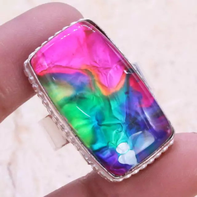 Dichroic Glass Art Piece 925 Silver Plated Ring of US Size 7.75