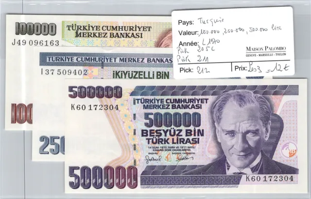 3 Tickets Turkey - 100 000, 250 000, 500 000 Lira - L1970 - Pick 205C/211/212