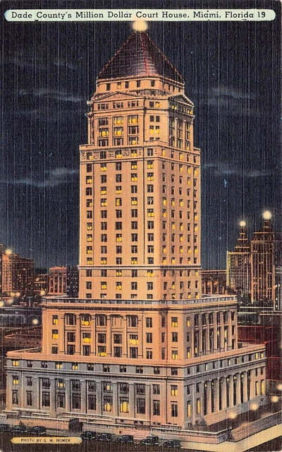 Miami Beach FL Florida Dade County Court House Night Moonlight Vtg Postcard V2